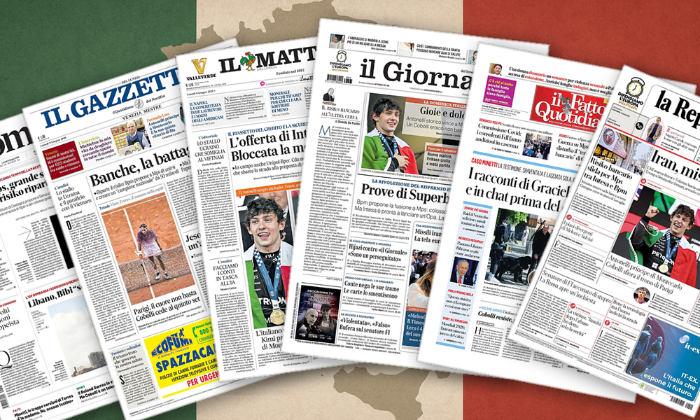 Collage delle prime pagine analizzate: Banche, missili e orgoglio tricolore