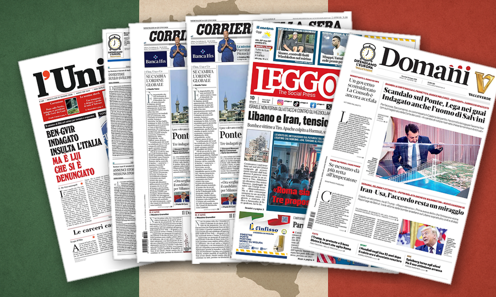 Collage delle prime pagine analizzate: Ponte, Medio Oriente e banche dividono le prime pagine