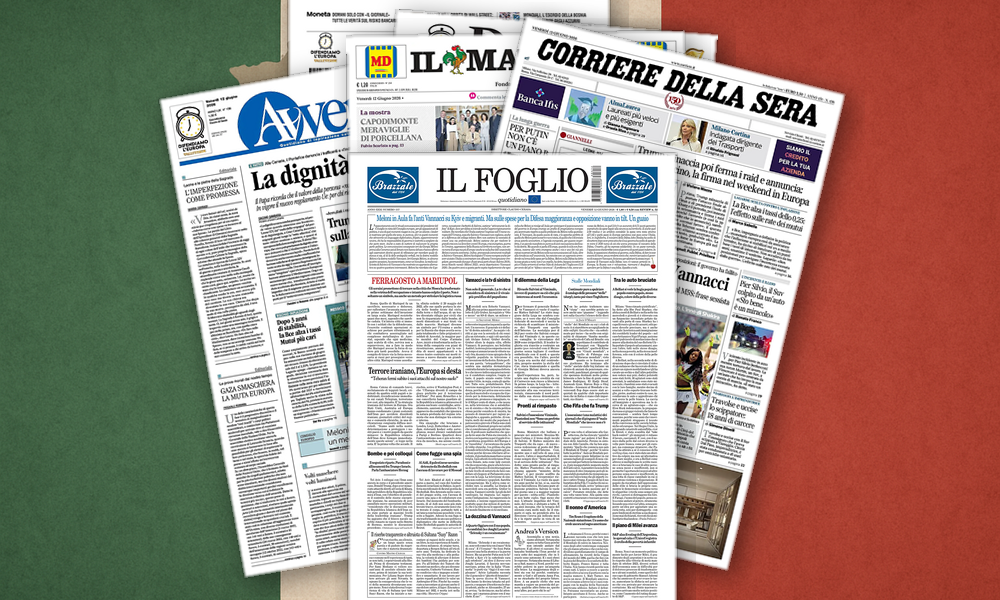 Collage delle prime pagine analizzate: Meloni, Iran e migranti: fronti aperti