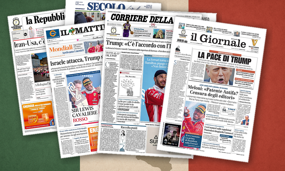 Collage delle prime pagine analizzate: Pace appesa a un filo, Italia divisa