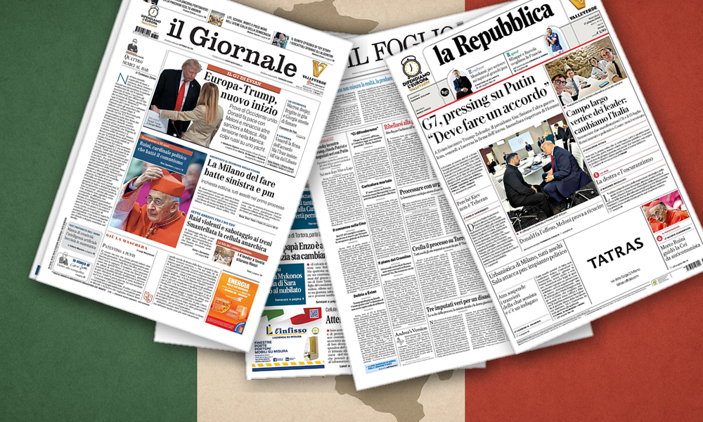 Collage delle prime pagine analizzate: Evian, povertà e toghe: l’Italia allo specchio