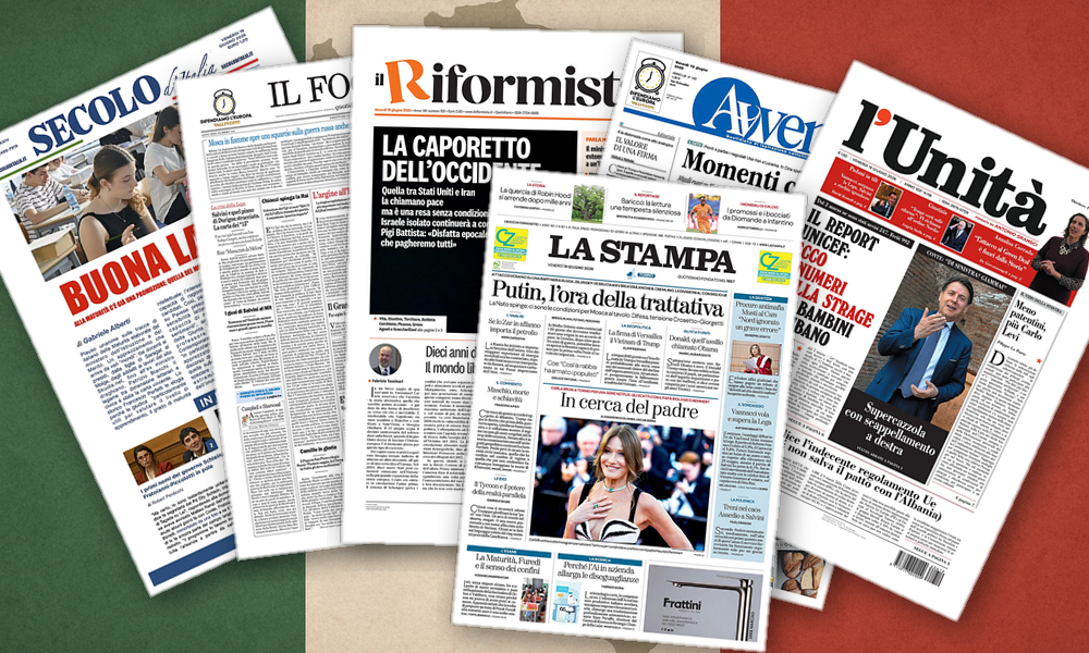 Collage delle prime pagine analizzate: Droni su Mosca, intese e sondaggi