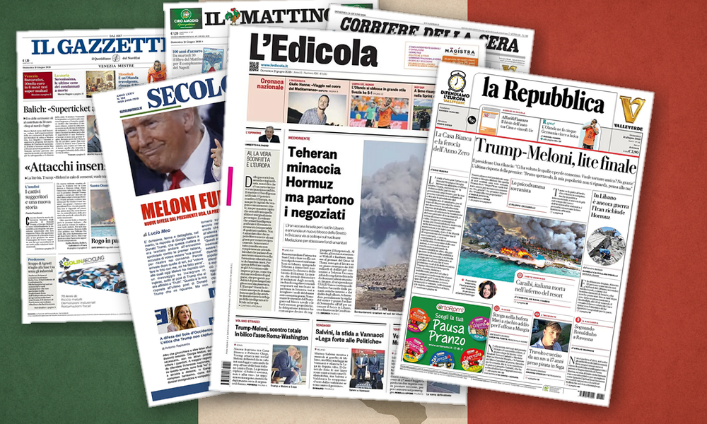 Collage delle prime pagine analizzate: Scontro Meloni‑Trump e ombre su Hormuz