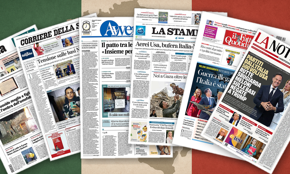 Collage delle prime pagine analizzate: Basi Nato, caldo e ferite italiane