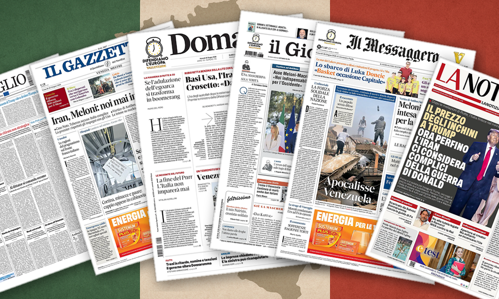 Collage delle prime pagine analizzate: Antibes, Caracas e binari: un giorno di contrasti