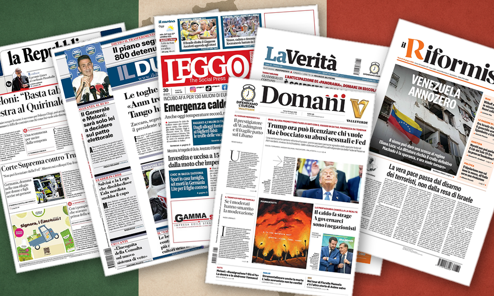 Collage delle prime pagine analizzate: Colle, caldo e Venezuela: le scelte dei quotidiani