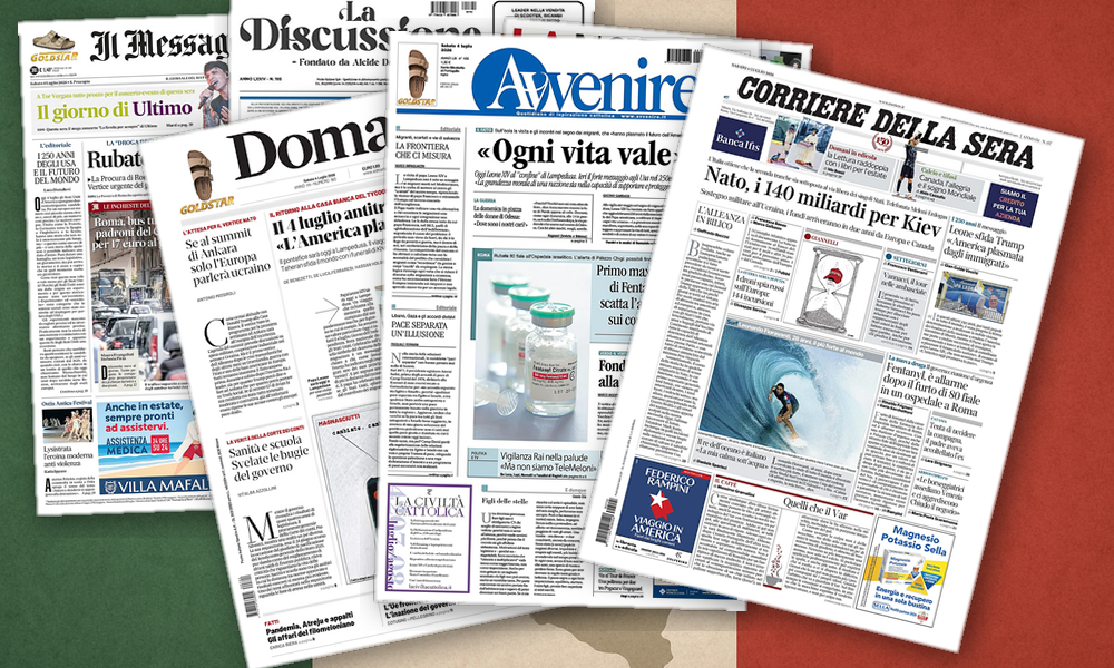 Collage delle prime pagine analizzate: Nato, Papa, Fentanyl e Rai: l'Italia divisa