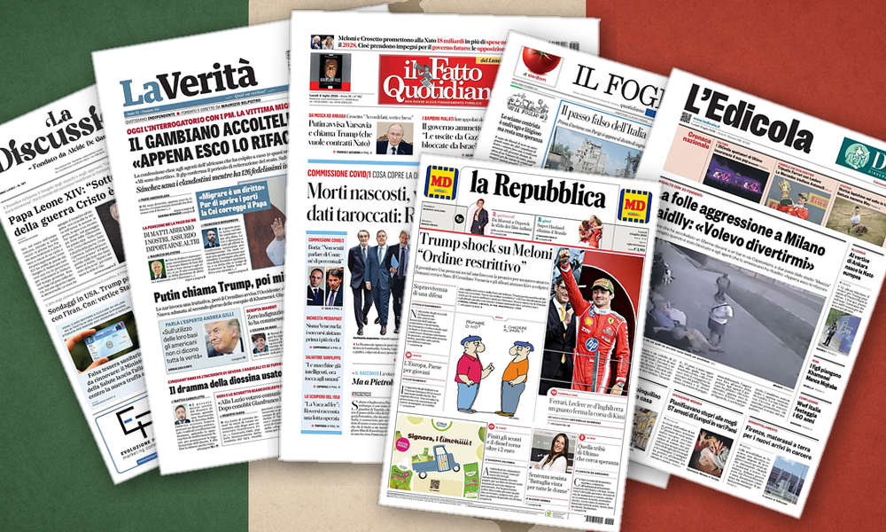 Collage delle prime pagine analizzate: Trump, Nato e paure domestiche