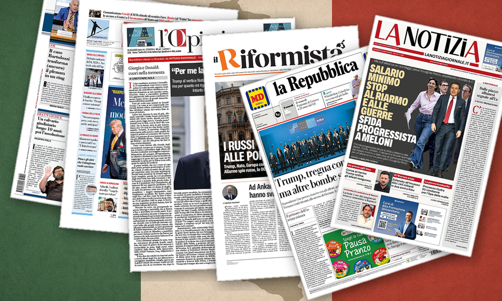 Collage delle prime pagine analizzate: Nato, Iran e Italia divisa in prima pagina