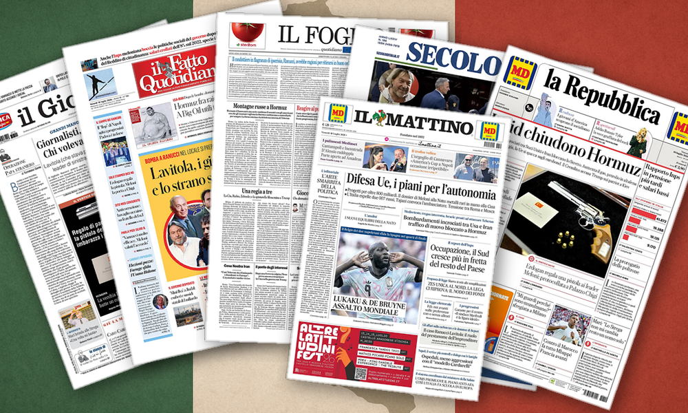 Collage delle prime pagine analizzate: Hormuz, spie e stipendi: lItalia in bilico