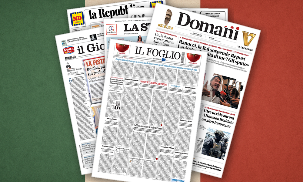 Collage delle prime pagine analizzate: Ranucci, Iran e urne: Italia divisa