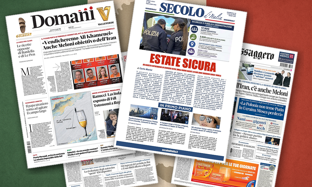 Collage delle prime pagine analizzate: Teheran, roghi e multe: l’Italia in bilico