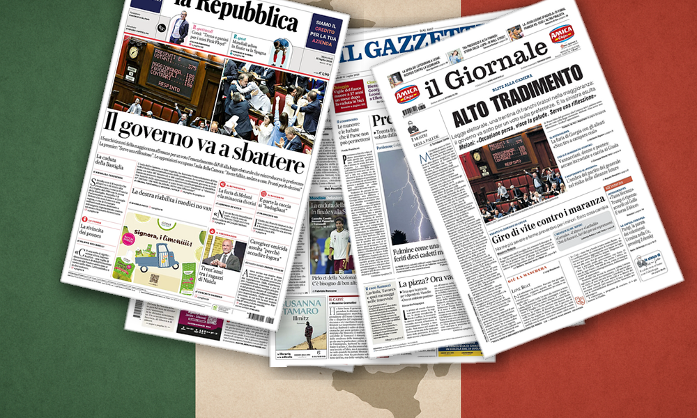 Collage delle prime pagine analizzate: Preferenze ko, sicurezza dura e ombre su Report