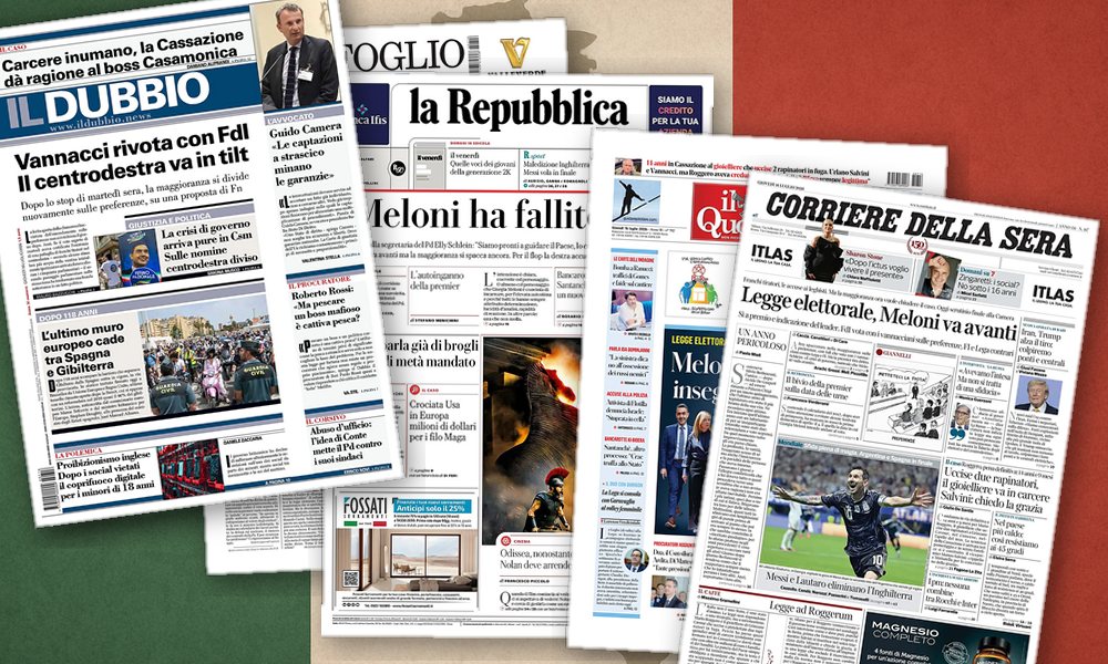 Collage delle prime pagine analizzate: Preferenze bocciate, destra spaccata: l'Italia in vetrina