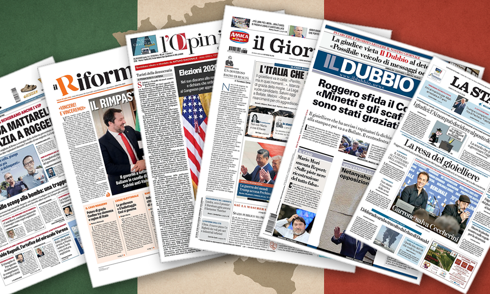 Collage delle prime pagine analizzate: Grazia, urne e industria: lItalia si specchia