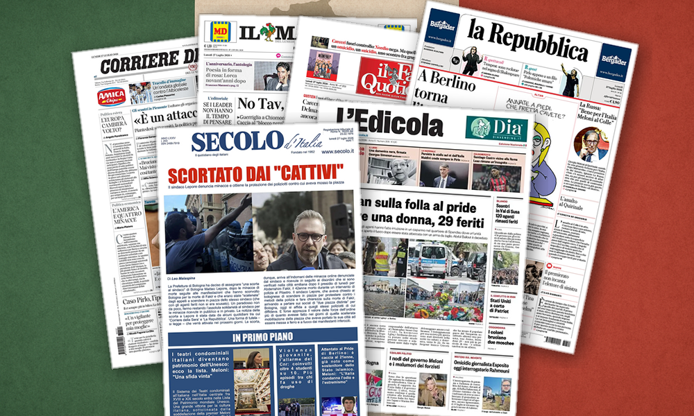 Collage delle prime pagine analizzate: Berlino, Val Susa e benzina: l'Italia si divide