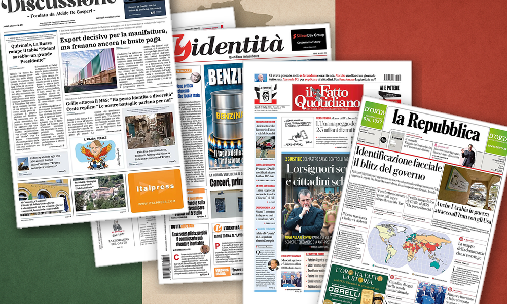 Collage delle prime pagine analizzate: Sicurezza, guerra e conti: l'Italia si divide