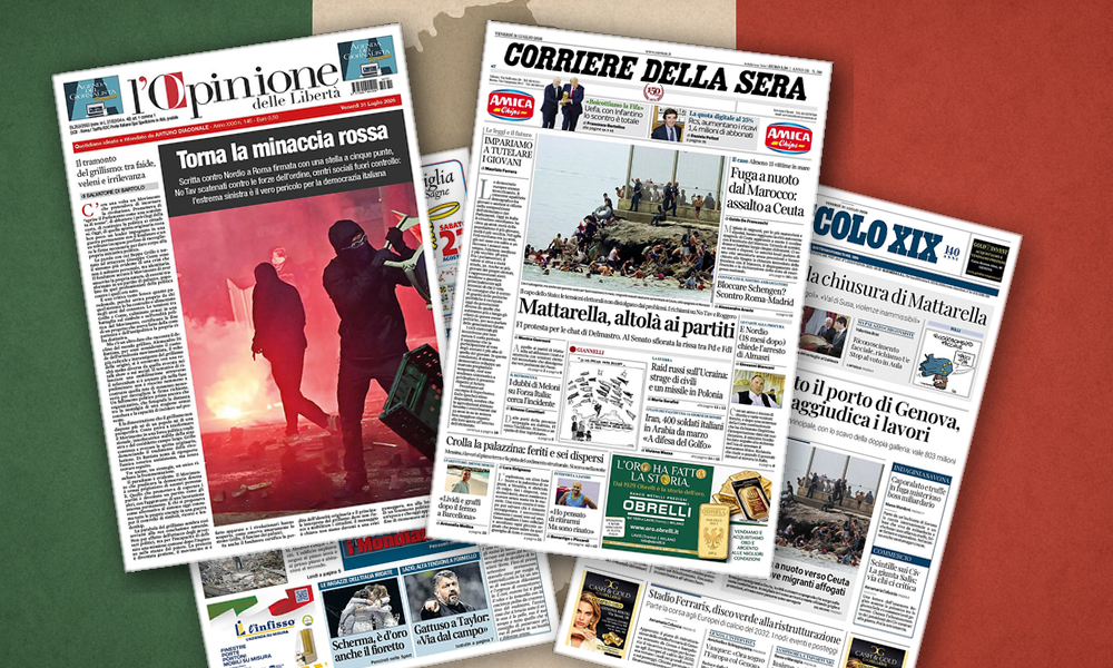 Collage delle prime pagine analizzate: Il Colle, Ceuta e l’algoritmo: Italia divisa