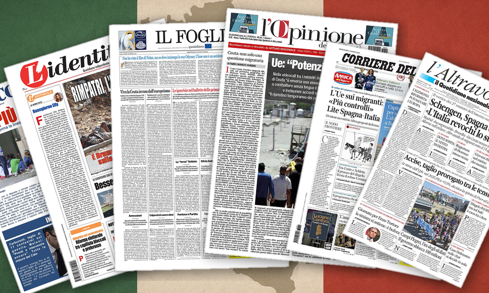 Collage delle prime pagine analizzate: Frontiere, diesel e leadership: lo sguardo dei giornali