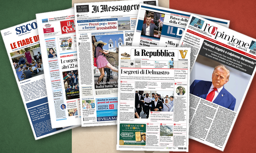 Collage delle prime pagine analizzate: Difesa, Delmastro e caldo record