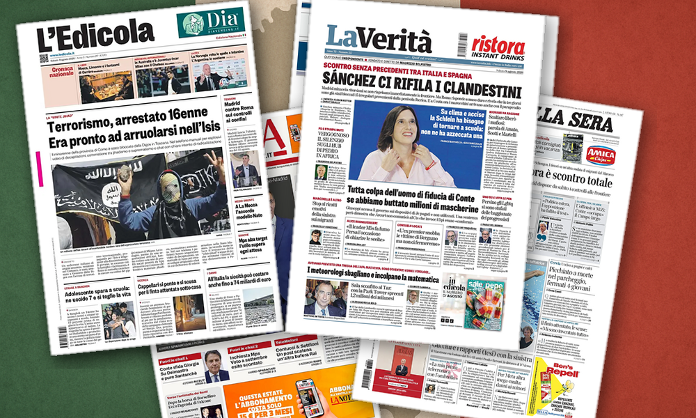 Collage delle prime pagine analizzate: Schengen in crisi, caldo record e scosse geopolitiche