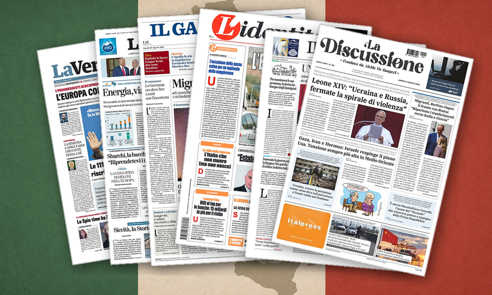 Collage delle prime pagine analizzate: Migranti, Gaza e memorie: i giornali si dividono