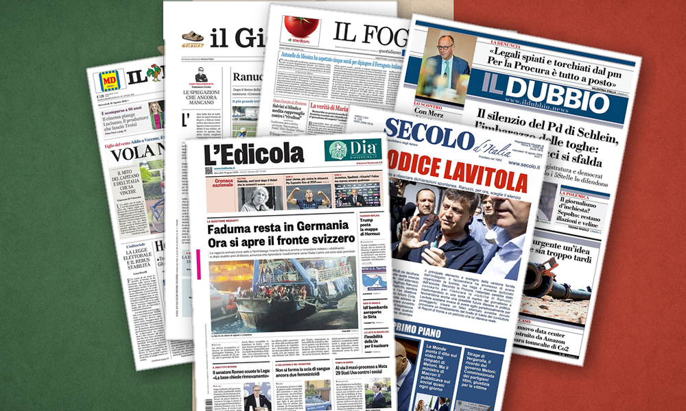 Collage delle prime pagine analizzate: Hormuz infiamma, Lega trema, migranti dividono