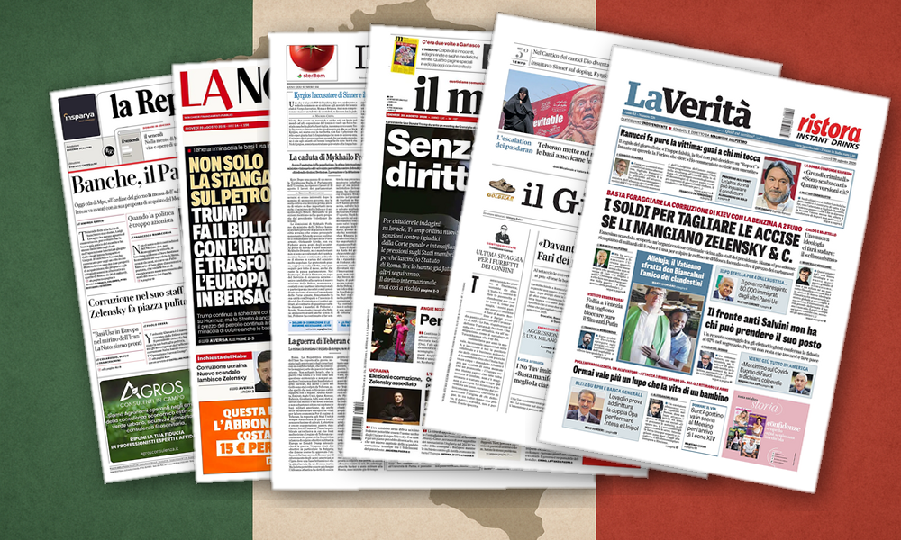 Collage delle prime pagine analizzate: Iran, Ucraina, Rai: le prime pagine si dividono