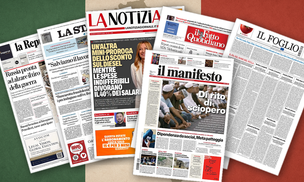Collage delle prime pagine analizzate: Tra fango, sconti e primarie: l’Italia divisa