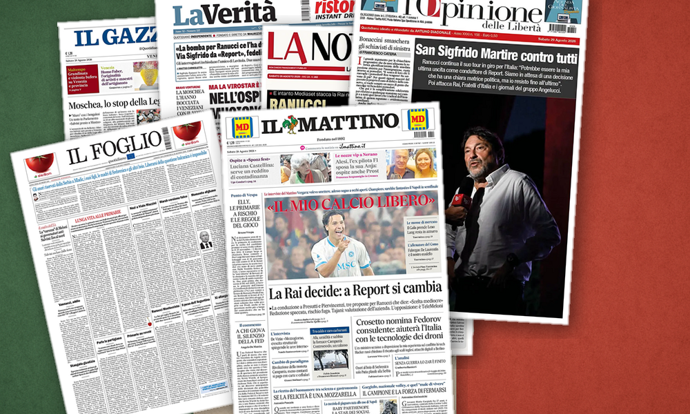 Collage delle prime pagine analizzate: Rai, Balcani e Primarie: Italia divisa