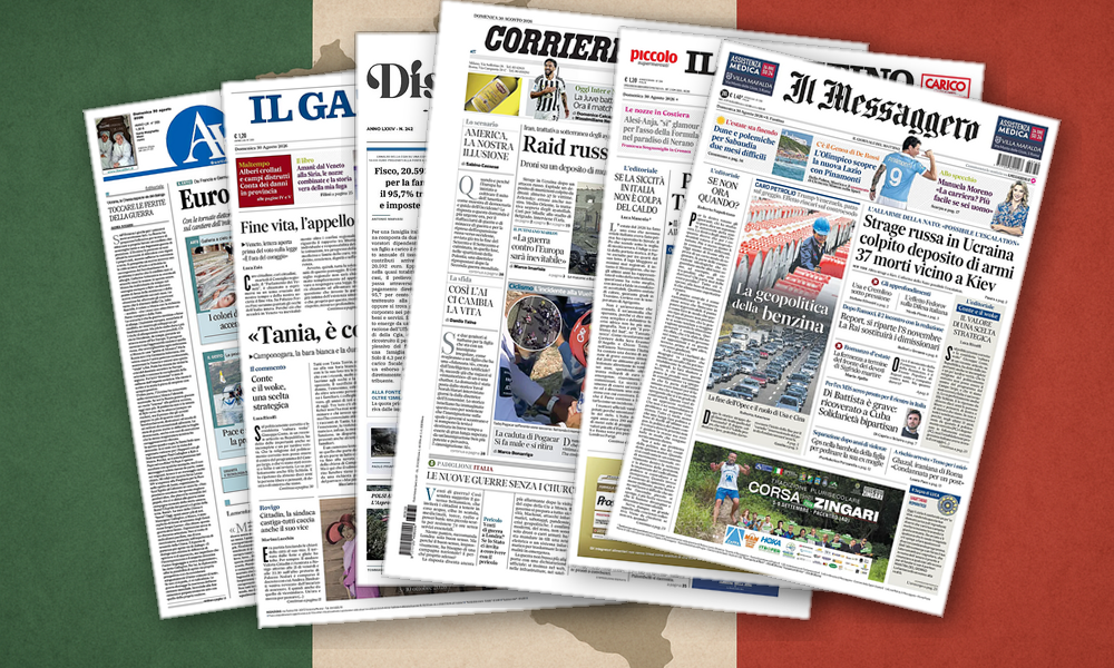 Collage delle prime pagine analizzate: Escalation, Report e benzina: l’Italia in allerta