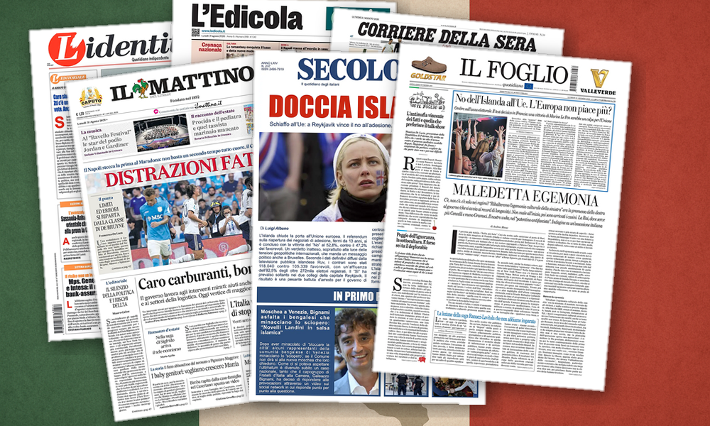 Collage delle prime pagine analizzate: Spari in Svizzera, gelo islandese, caro energia e Rai