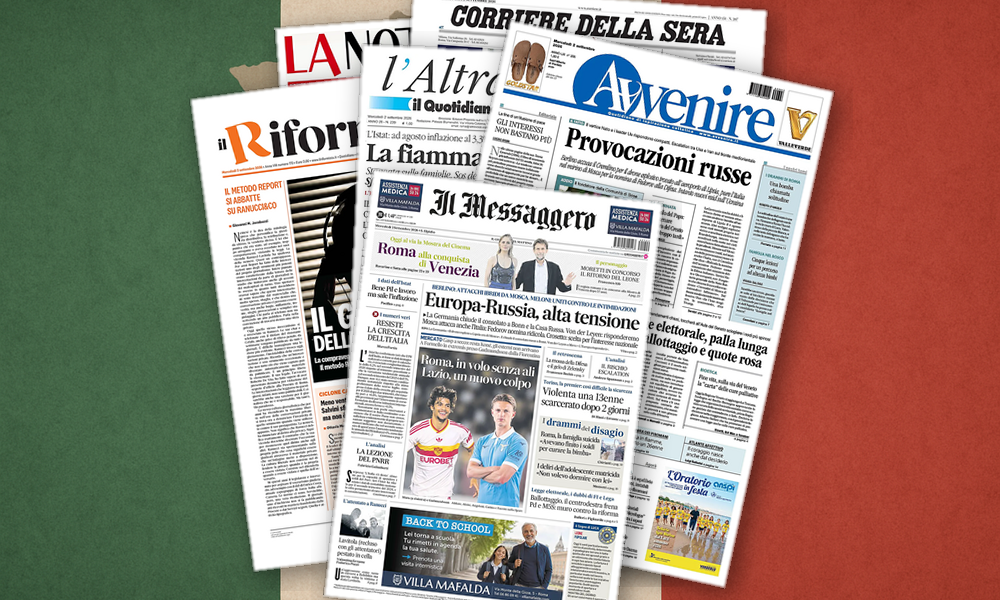 Collage delle prime pagine analizzate: Tensioni con Mosca, inflazione e scontro sul voto