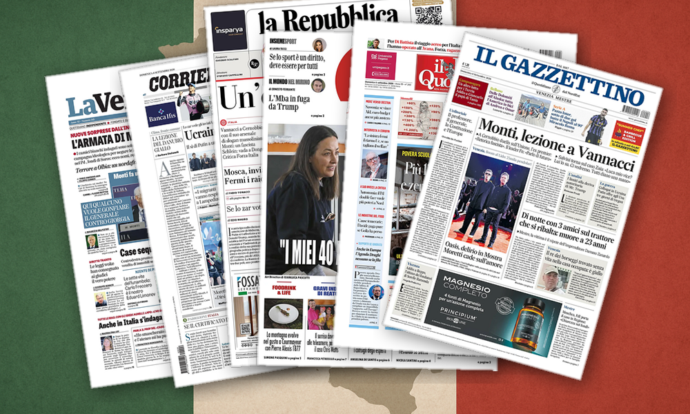Collage delle prime pagine analizzate: Tregua a Kiev, Cernobbio infiamma, destra avanza