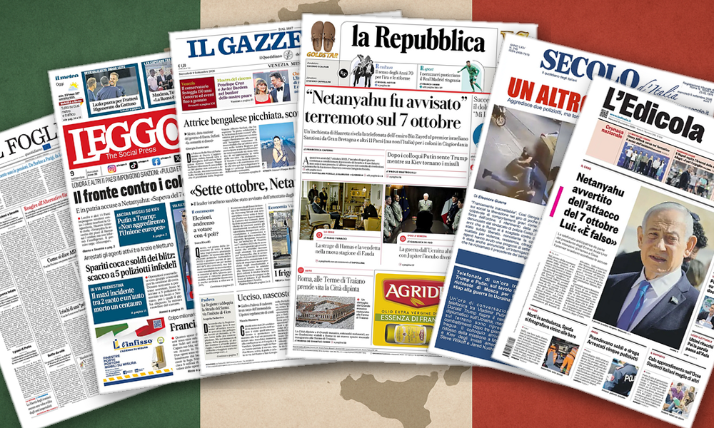 Collage delle prime pagine analizzate: Netanyahu sotto accusa, AfD scuote l’Europa