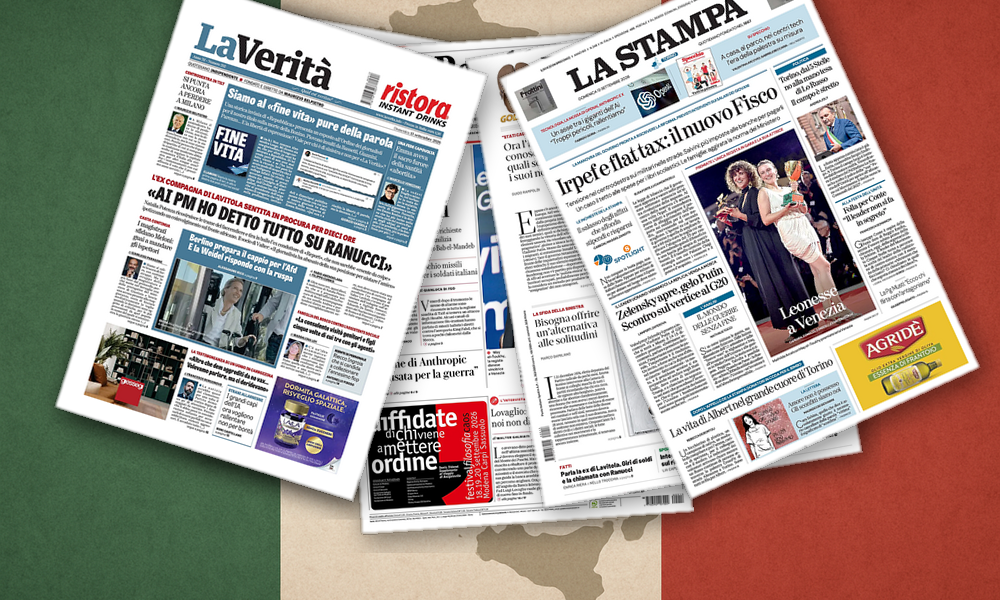 Collage delle prime pagine analizzate: Guerra, energia, IA e Leone d’Oro