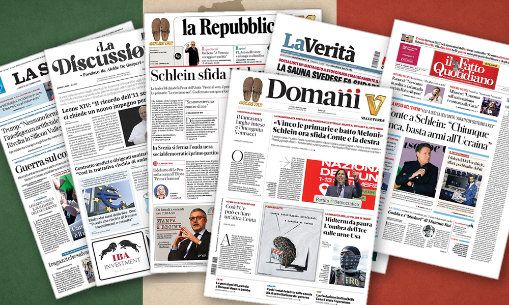Collage delle prime pagine analizzate: Confini, algoritmi e urne: l’Italia allo specchio