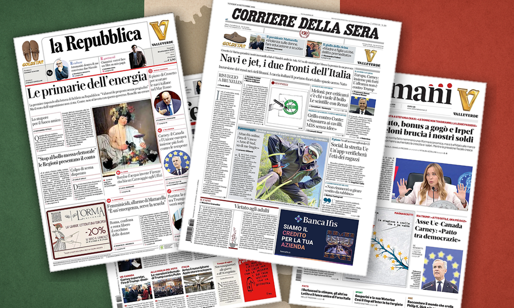 Collage delle prime pagine analizzate: Sicurezza, tasse e Europa: fronti opposti in edicola