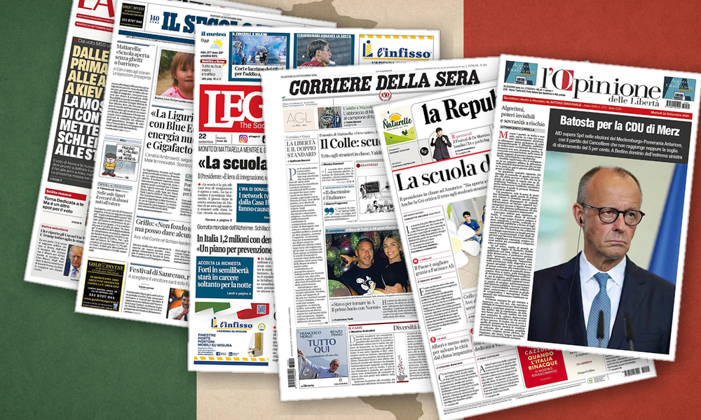 Collage delle prime pagine analizzate: Scuola, partiti e Germania: l’Italia si specchia