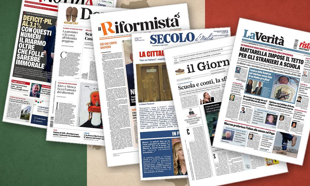 Collage delle prime pagine analizzate: Scuola, conti e Trump: tre Italie in prima pagina