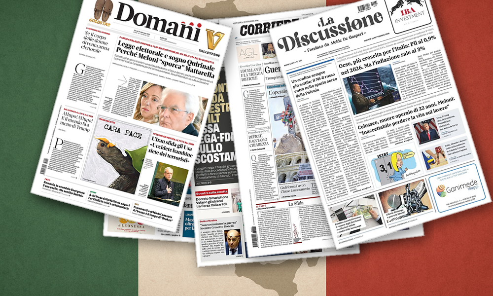 Collage delle prime pagine analizzate: Scuola, nucleare e Onu: l’Italia allo specchio