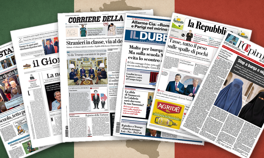 Collage delle prime pagine analizzate: Scuola, droni, Xi-Trump e Fisco: lItalia divisa
