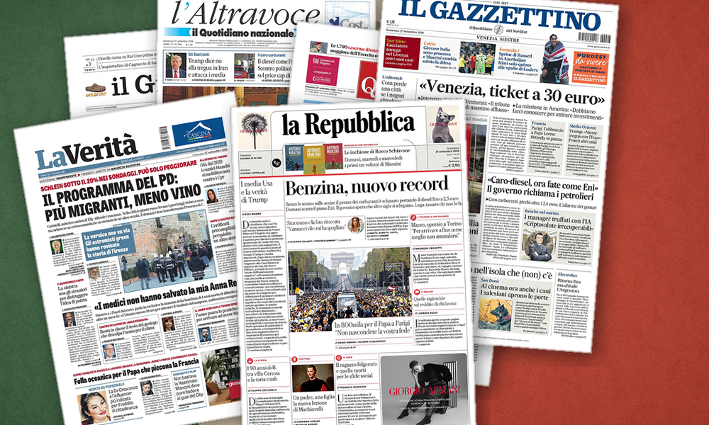 Collage delle prime pagine analizzate: Tregua mancata, caro-carburanti e fede in piazza
