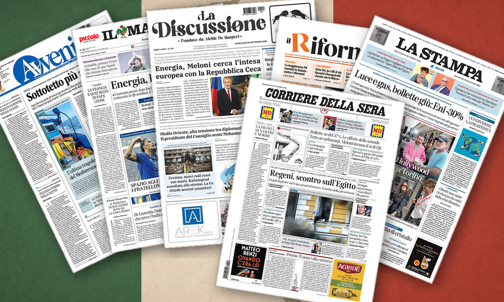 Collage delle prime pagine analizzate: Sconti energia, Regeni e Garlasco dominano