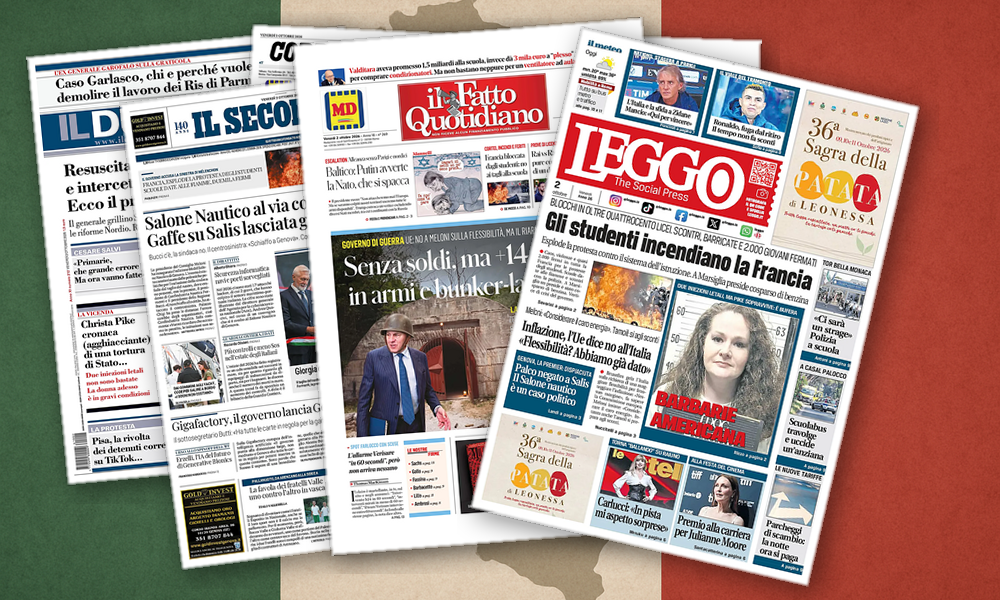 Collage delle prime pagine analizzate: Ue, Francia in fiamme e Melonellum