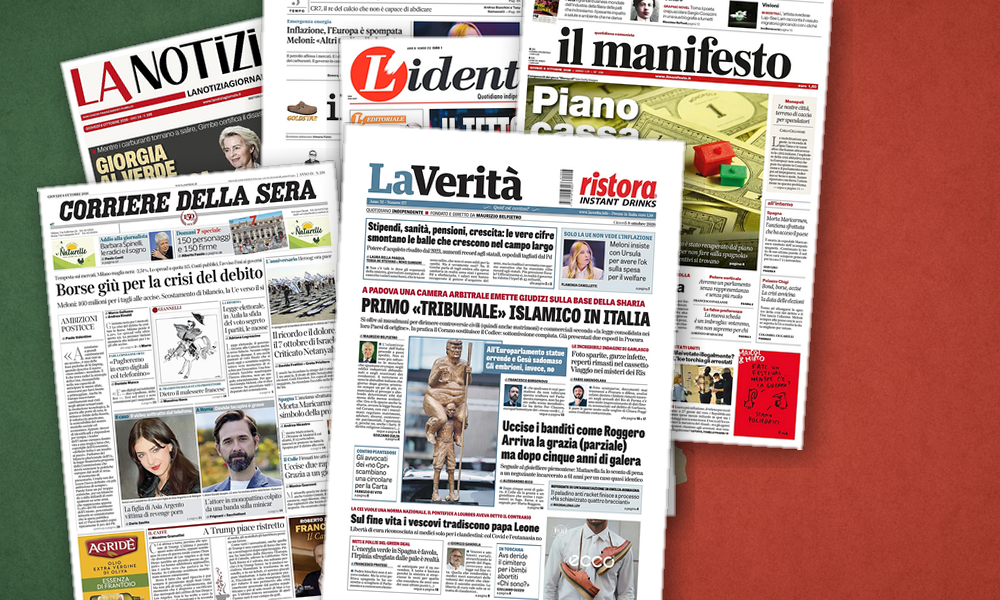 Collage delle prime pagine analizzate: Borse giù, Melonellum al traguardo