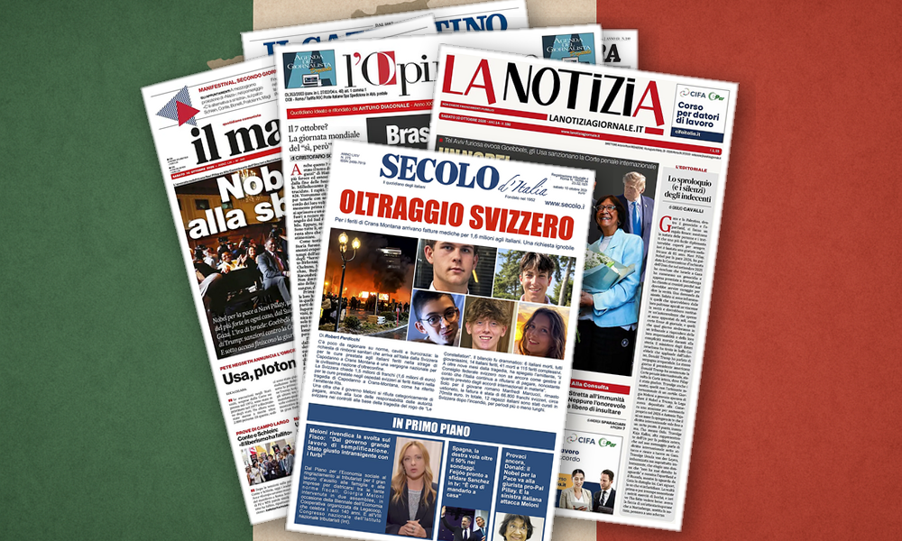 Collage delle prime pagine analizzate: Nobel, gasolio e urne: l’Italia dei contrasti
