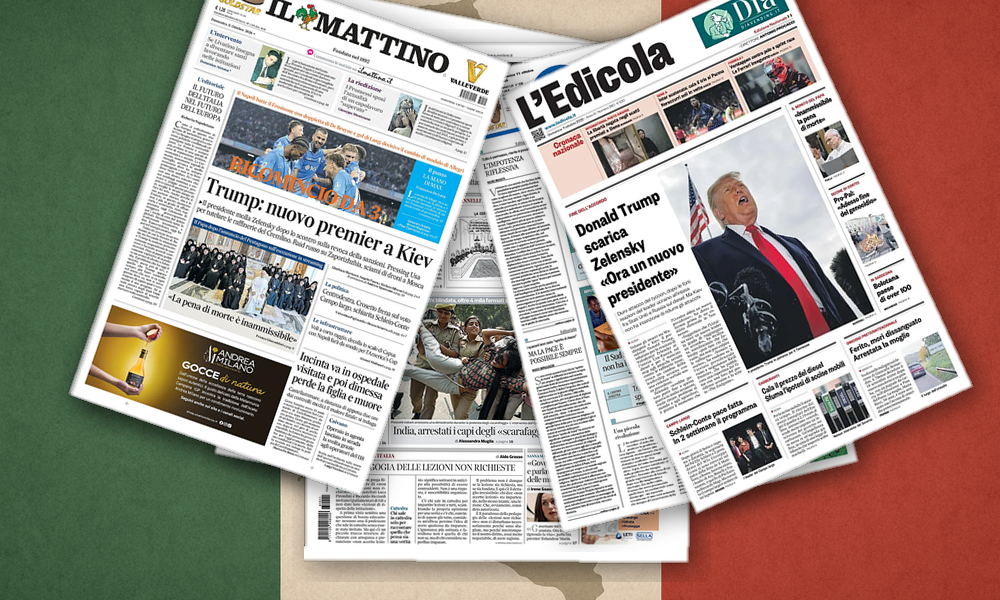 Collage delle prime pagine analizzate: Trump divide le prime pagine italiane