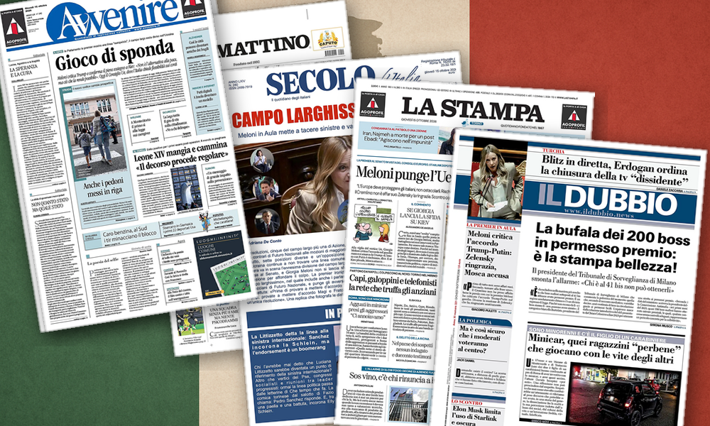 Collage delle prime pagine analizzate: Meloni, energia e un Paese in bilico