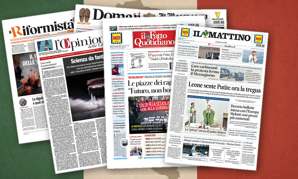 Collage delle prime pagine analizzate: Pace, bollette e piazze: i giornali si dividono